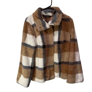 NWOT Large Colleen Lopez Faux Fur Fall Plaid Button‎ Up Collared Jacket